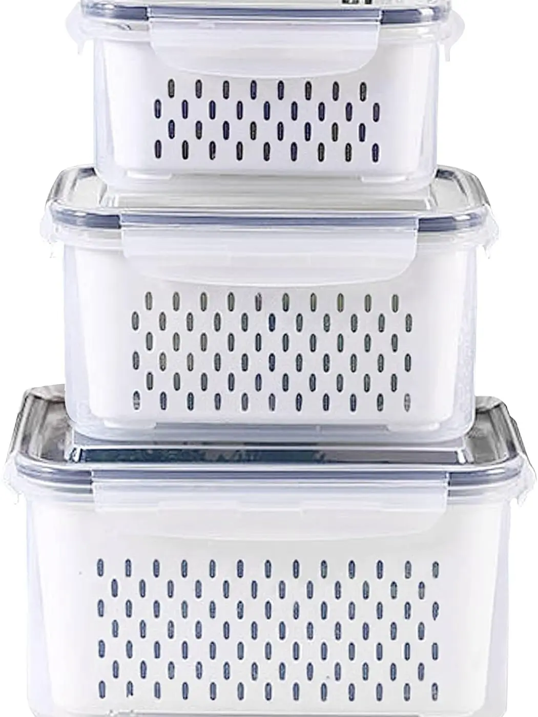 3-Pack Produce Keeper Storage Containers with Lids & Strainers, BPA-Free Refrigerator Organizer for Fruits, Vegetables, Berries & Meat (3.15L, 1.7L, 0.8L)