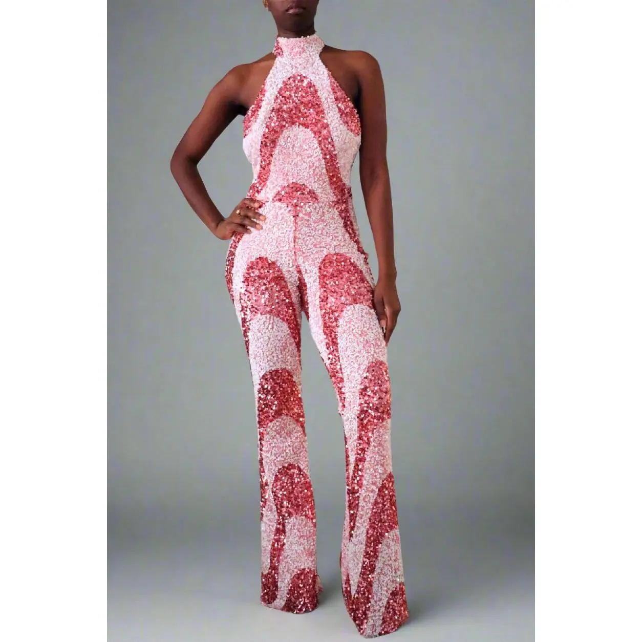 Pink Swirl Sequin Halter Jumpsuit