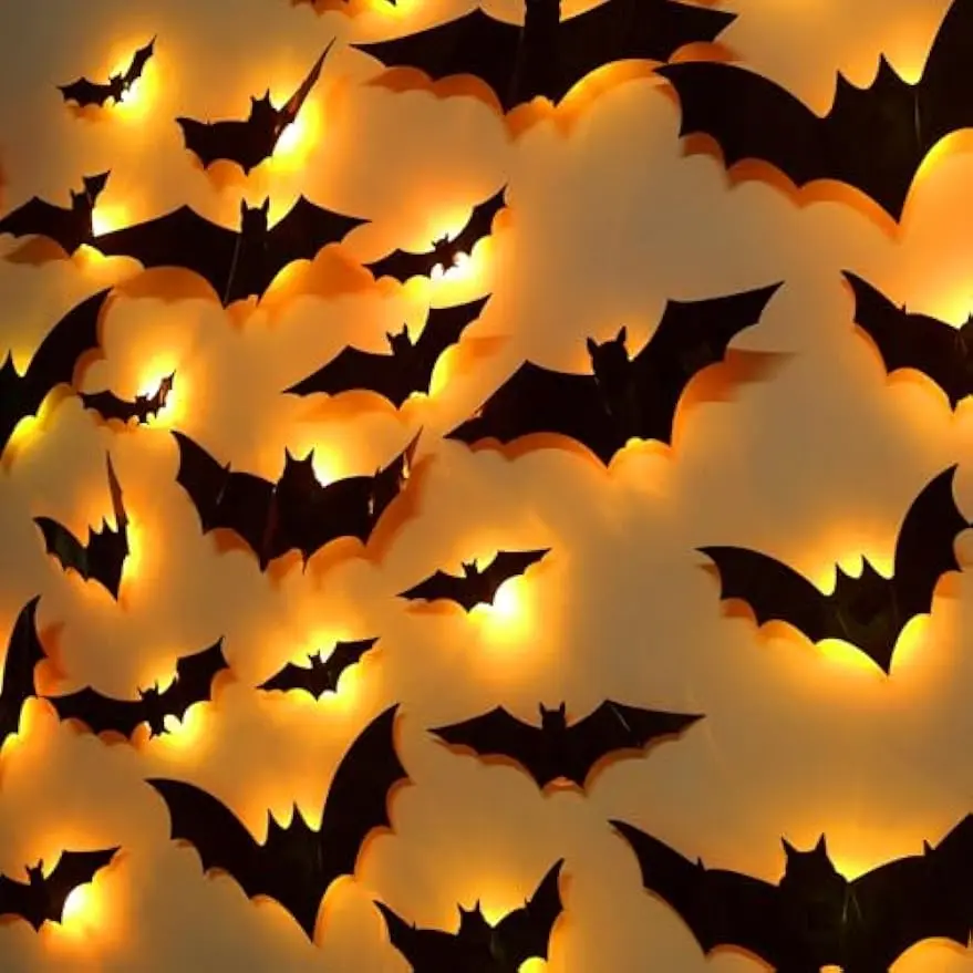 36 Pack Light Up Bats Halloween Decorations, 3D, LED Lights, Wall Decor, Removable Bat Stickers, Indoor Outdoor Window Bathroom Garage Door Home Party Use