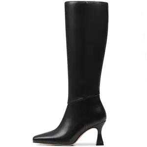 Women’s Black Knee High Boots Square Toe Mid Heel Elegant Slim Fit Tall Boots for Fall & Winter