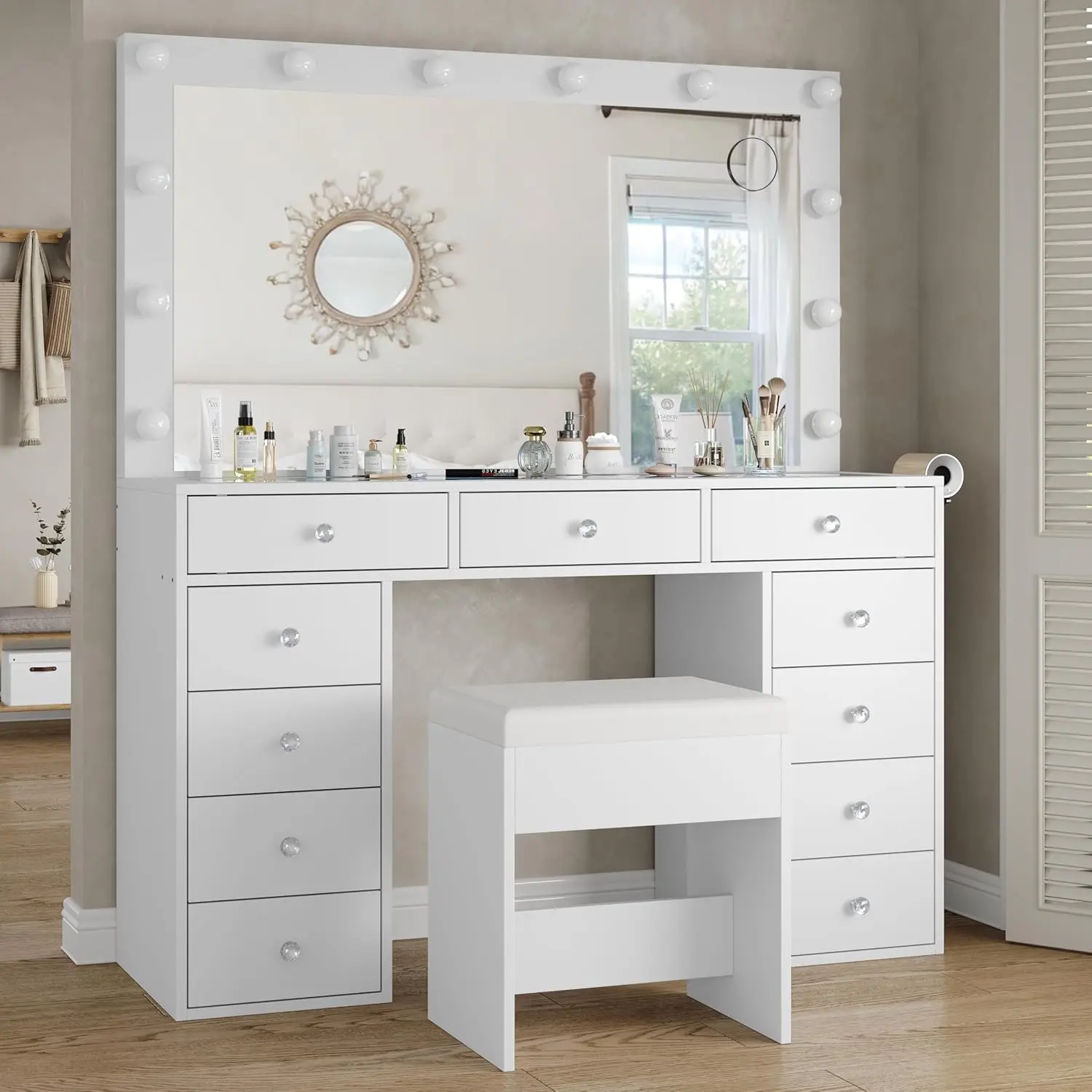 [Shipping by 2 Packages] FUSOU 47" Vanity Desk with Glass Top & Power Outlets, Makeup Vanity with Mirror & 12 LED Lights 11-Drawer Makeup Table with Chair, 3 Lighting Modes Brightness Adjustable, White
