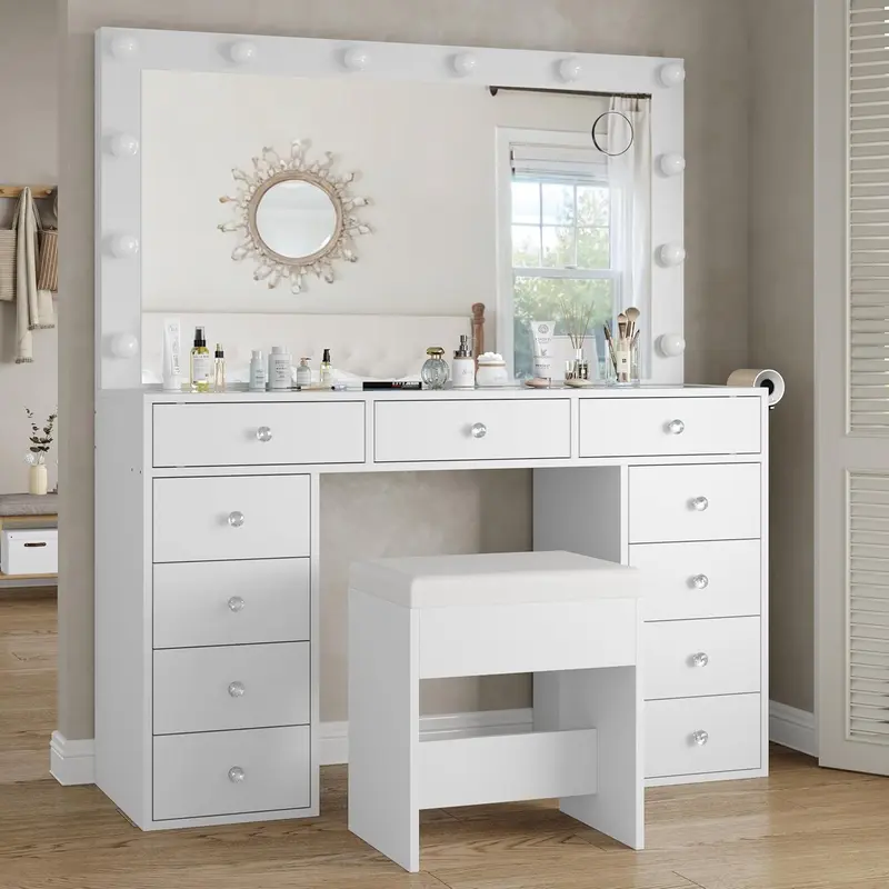 [Shipping by 2 Packages] FUSOU 47" Vanity Desk with Glass Top & Power Outlets, Makeup Vanity with Mirror & 12 LED Lights 11-Drawer Makeup Table with Chair, 3 Lighting Modes Brightness Adjustable, White