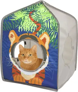 Kitty City Safari Jungle Tiger Pop-Up Cat House, Collapsible Indoor Cat Hideout with Peekaboo Openings, Lightweight Foldable Cat Playhouse Sportpet Design