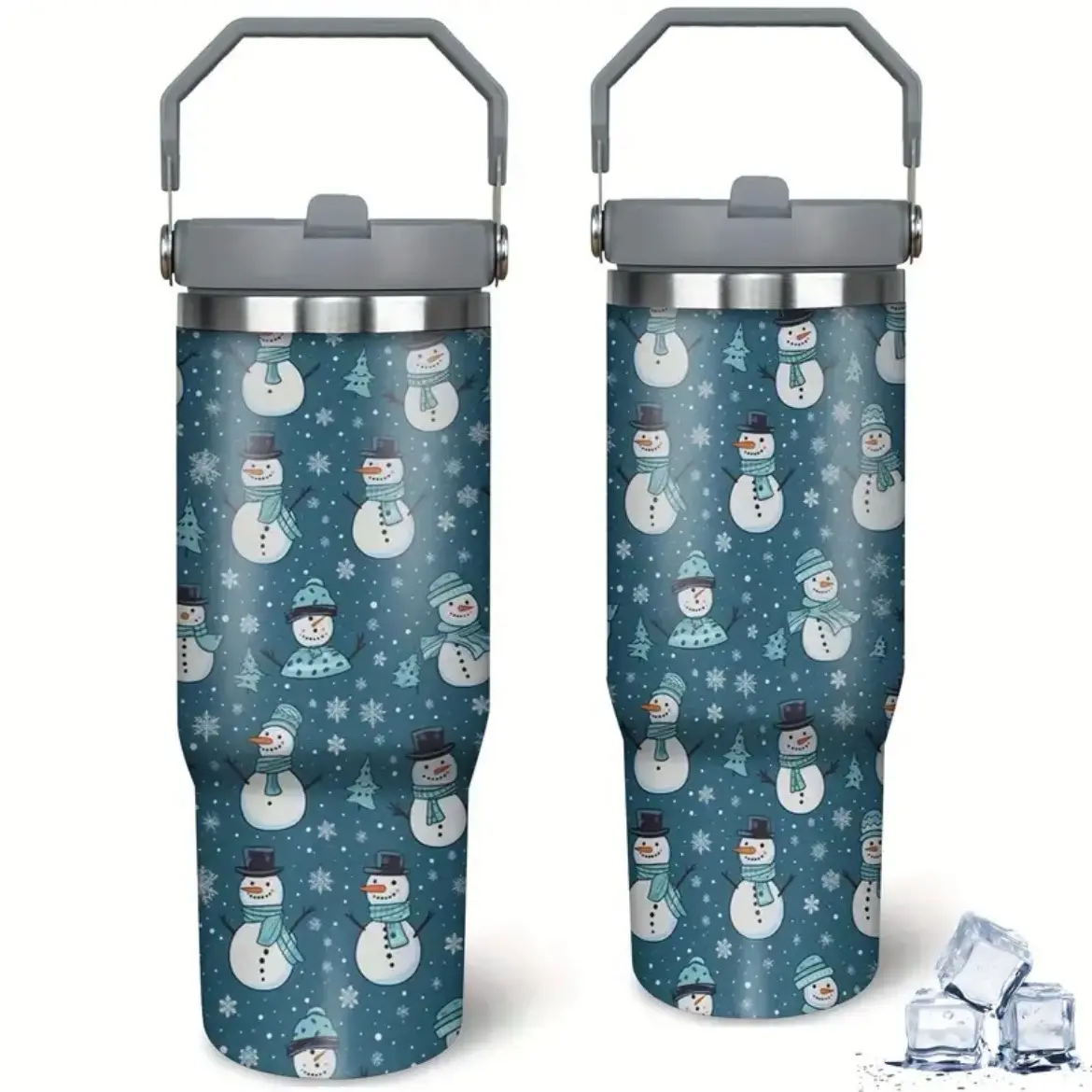 Blue Snowman Design 30 Oz Stainless Steel Tumbler with Lid - Double-Wall Vacuum Insulated - Flasks, Drinkware