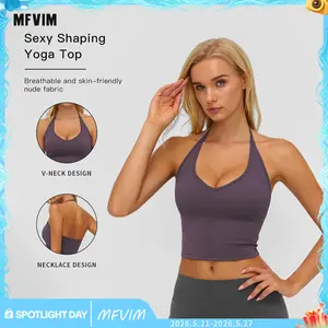 MFVIM Women's Fitted Sexy Shaping Yoga Top - Female V-Neck with Necklace Design, Breathable Skin-Friendly Nude Fabric, Ideal for Yoga, Gym, All Seasons
