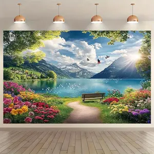 Sunrise Lakeside Floral Scene - Photography Backdrop - large Size Photographic Cloth, Outdoor and Indoor Party Banners, Perfect for Holiday Parties, Home Decor & Studio Props, Garage Door Hanging