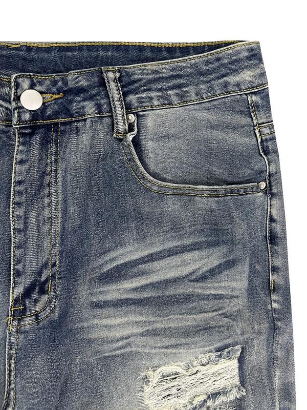 Men's High Street Fashion Jeans, Tight-Fitting Washed Denim Jeans, Versatile Street Style, Essential Clothing for Men, Ripped Jeans