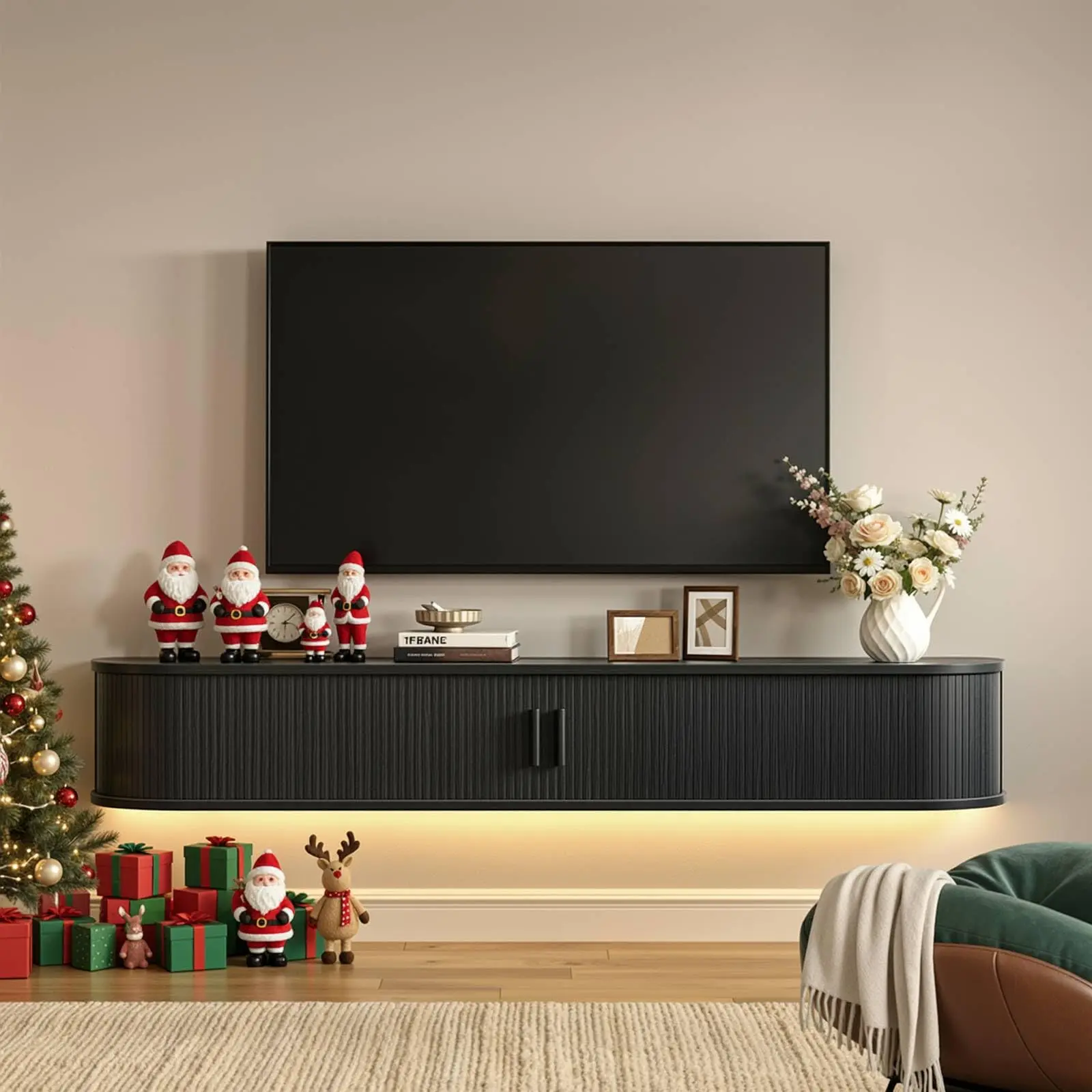 【SummerFinds】ONBRILL 63" Floating TV Stand with Power Outlet for TVs up to 75", Fluted Entertainment Center with Remote Control for LED Lights, Mid-Century Modern TV Console w/Sliding Door for Living Room, Bedroom,summerwins