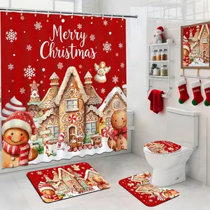 4Pcs Christmas Shower Curtain Set, Cute Red Xmas Gingerbread-Man Shower Curtain Set with Non-Slip Washable Bath Rugs, Toilet Lid Cover Gingerbread House Christmas Bath Decor Accessory, Bathroom Decoration Accessories