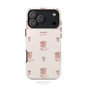 Walk By Faith Western Boots Phone Case | Beige Cowgirl Bow iPhone Cover, Christian Country Style #FaithPhoneCase #WesternCase #CowgirlStyle #BootDesign #ChristianGift #iPhoneCover