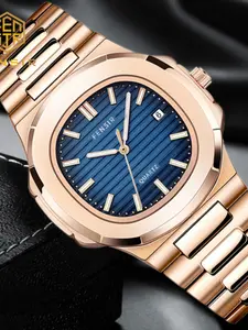 Luxury Business Men's Watch Rose Gold Case Calendar Display Fashion Casual Quartz Watch, Square Analog Dial, Butterfly Clasp, All Seasons