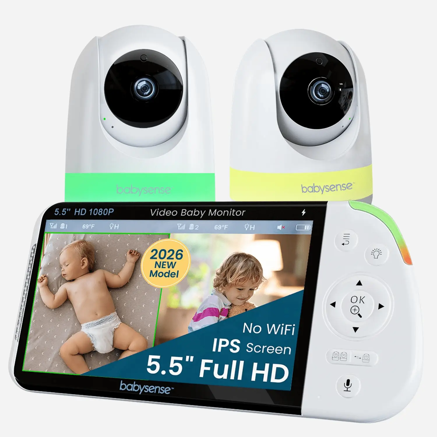 Babysense PRO Video Monitor - Non-WiFi Home Security Baby Camera System with 2 Cameras, Split-Screen Adjustable Display, Night Light, Sleep Aid Sound Machine, Wide Range, Long-Lasting Batteries, Magnifying Feature, FullHD 1080p, 1 Or 2 Cameras
