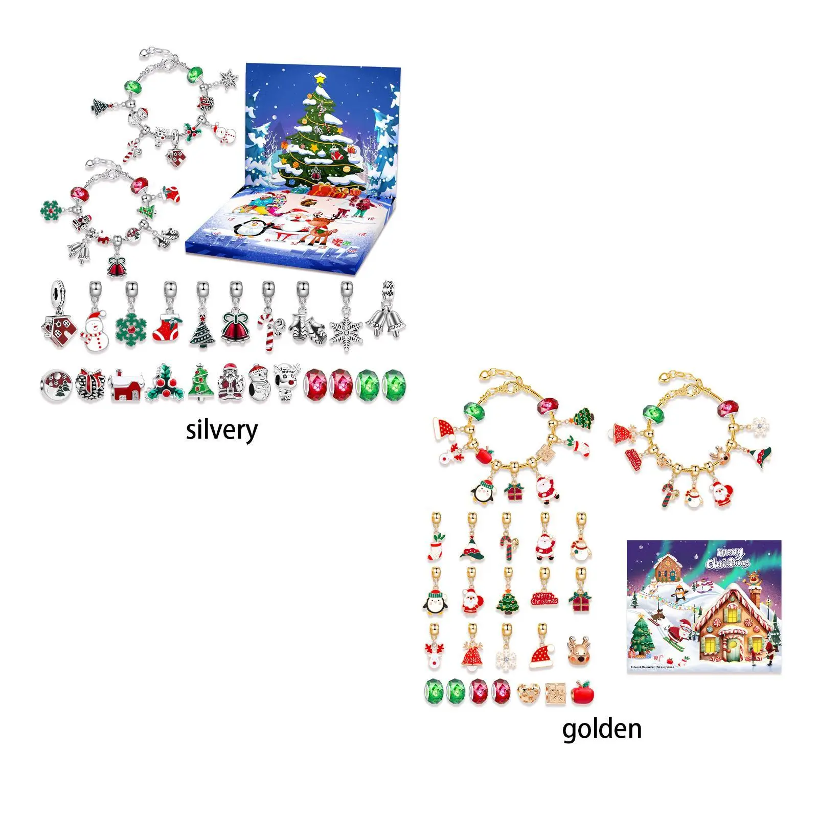 Christmas Advent Calendar 2024, 24-Day Countdown DIY Charm Bracelet Making Kit with Silver and Gold Tone Charms, Holiday Surprise Jewelry Gift Set for Women and Girls, Diy Combo, Family, Size M-24, Friends, Diy Creative Combination