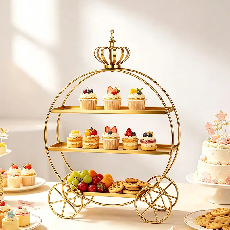 Golden Crown Pumpkin Carriage 3-Tier Dessert Stand, Luxury Iron Pastry Display Tray, Decorative Ornament for Wedding Sweet Tables, Cupcake & Macaron Display Rack for Birthday Parties and Afternoon Tea, Viral Photo Prop for Bakery Shop Window Displays