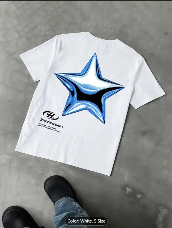 Men's Casual Short-Sleeve Round Neck Turtle Star Print Tee, Blue Menswear T-Shirt - Street Style, Suitable for Daily Wear, Shortsleeve