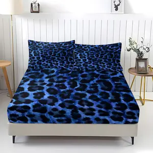 3 Pcs Deep Sea Blue Ink Leopard Print Fitted Sheet Set, 1 Fitted Sheet & 2 Pillowcases (no filler), Ink Blue Leopard Pattern, Fits Bedroom/Homestay/Dorm Decor, Ideal for Chinese Cool Style Fans/Students/Families/Holiday Gifters
