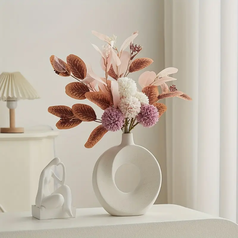 Modern Nordic Style White Ceramic Donut Vase-Geometric Design Suitable for Living Room, Bedroom, Office Decorations | Ideal Choice of Flower Furnishings