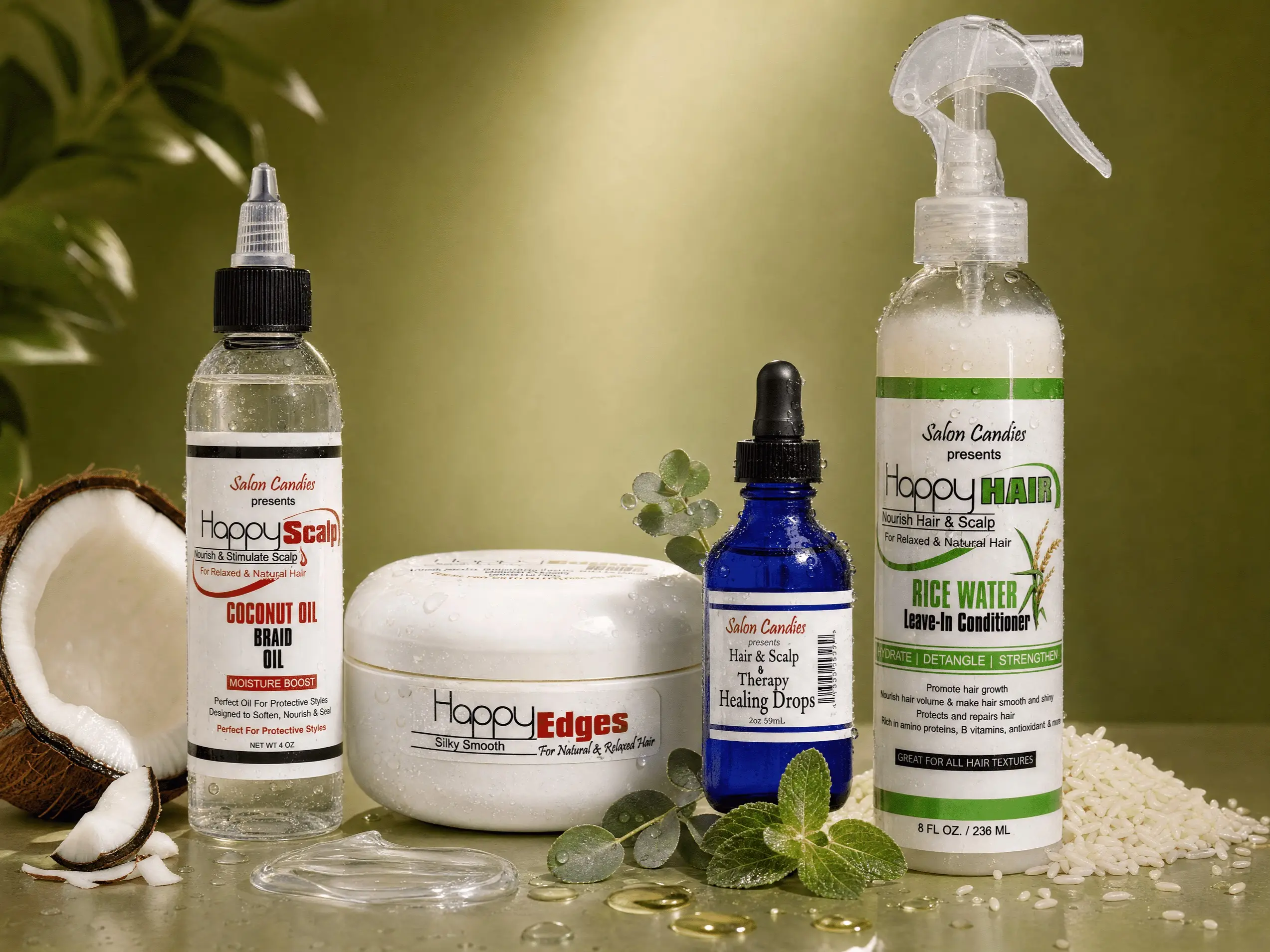 Nourish & Flourish Hair Care Collection - Rice Water Hydrating Leave-In Conditioner, Moisturizing Coconut Scalp Oil, Growth-Promoting Eucalyptus Therapy Drops, Strong-Hold Edge Control