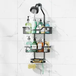 Shower head never rusts, large hanging shower rack with hooks for razors/sponges - shower head rack with soap basket - hanging shower storage rack in black Box Wall