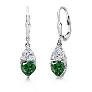 Gem Stone King 925 Sterling Silver Green Nano Emerald and Lab Grown Diamond Earrings for Women | 2.14 Cttw | Gemstone May Birthstone | Heart Shape 6MM