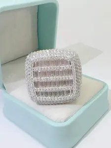 Iced Out Baguette Cut Square Ring for Men, 18K White Gold Plated Bling CZ Diamond Signet Ring, Hip Hop Rapper Jewelry Gift, Statement Rings