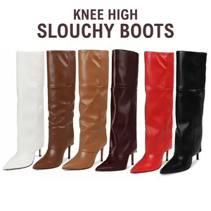 CELNEPHO Fold Over Boots for Women Slouchy Stiletto High Heeled Knee High Pointed Toe Pull on Shark Boots Spring Dress Shoes