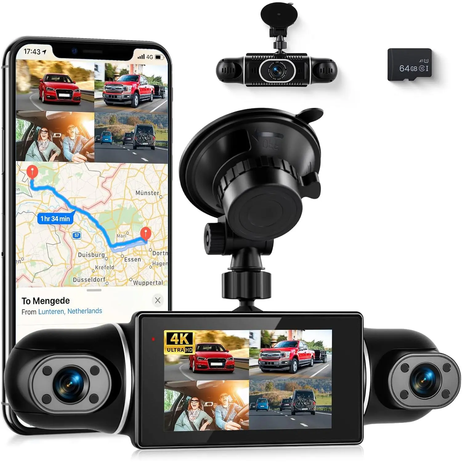 RIMOODY 4-Channel 360° Automotive Dashcam, Car Dashboard Camera & Car Driving Recorder, Front/Rear/Inside 2560×1440P IPS 4K/2K Mini DVR, WiFi, GPS, Night Vision, 24/7 Parking Mode, G-Sensor, 64G Storage