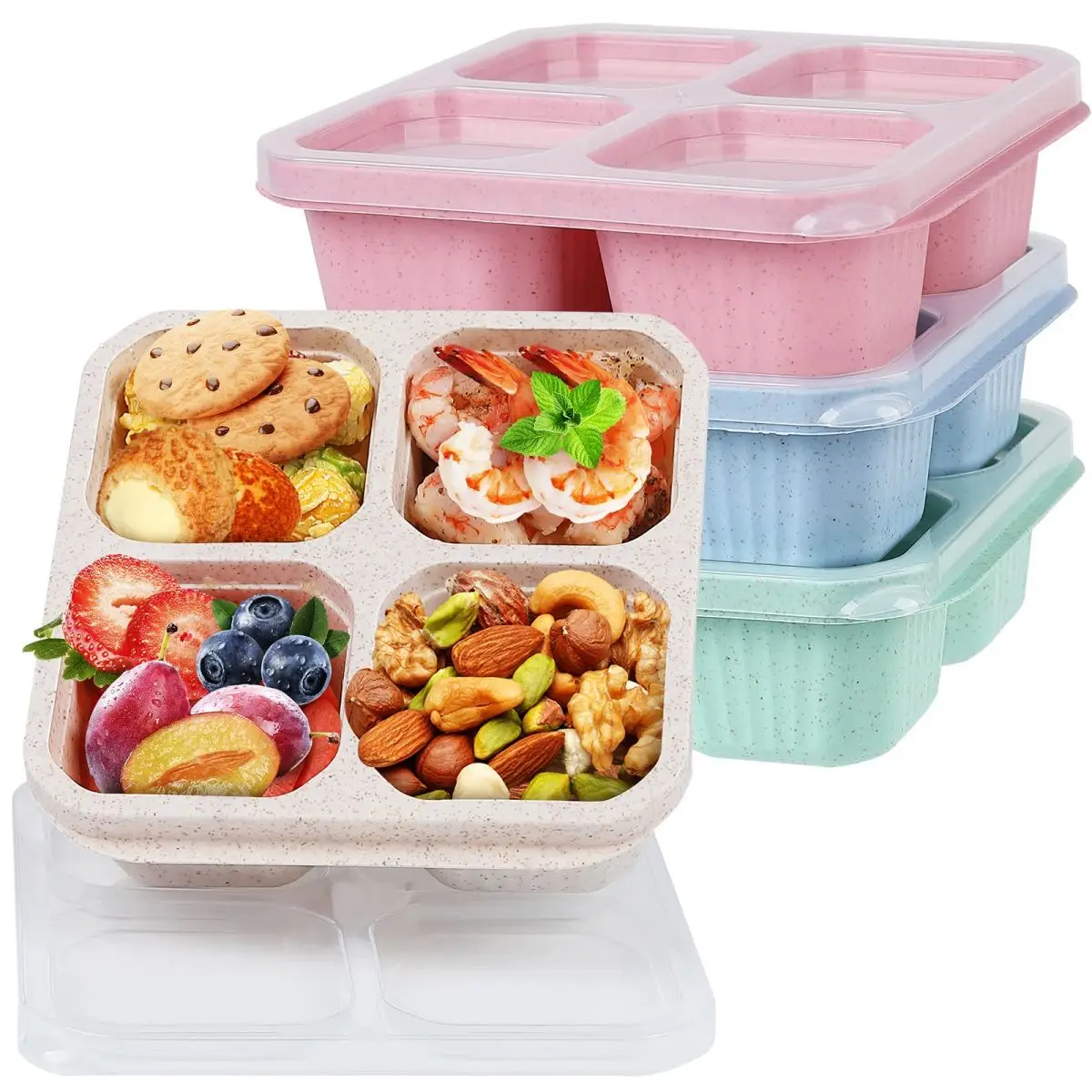 4 Pack Bento Snack Containers Set, Candy Dried Fruit Bento Snack Box, 4 Compartment Food Storage Containers Wheat Straw Meal Prep Lunch Box Plastic Fo