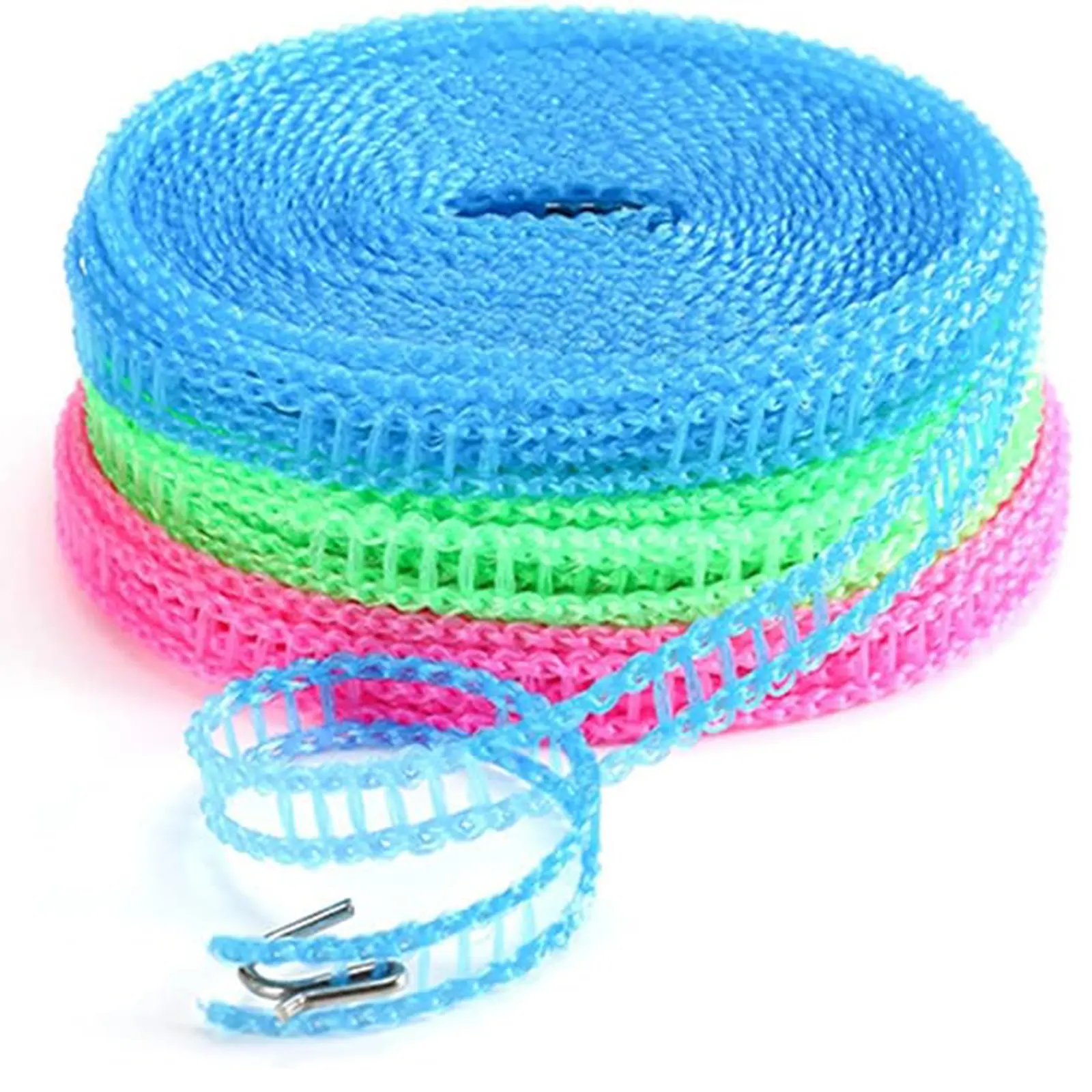 3-Pack Windproof Nylon Clothesline - Adjustable 5m/16.4ft Drying Rope (Pink, Blue, Green) - Portable Laundry Accessory for House, Garage, Outdoors - Home Supplies for Swimming, Fishing, Boat