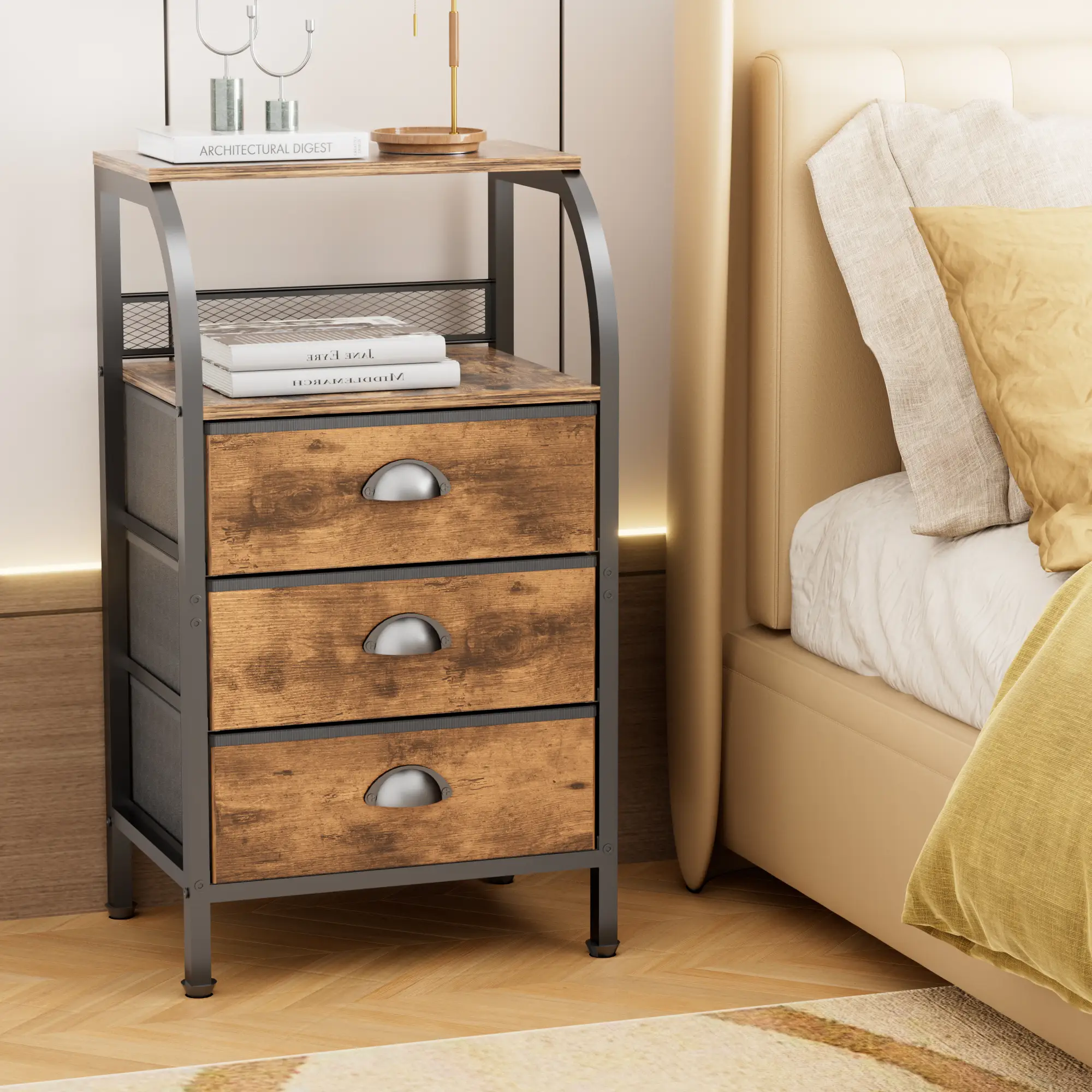 Nightstand with 3 Drawers and 2-Tier Shelf, Fabric Small Dresser Organizer Vertical Storage Tower for Bedroom, Closet, Hallway, Nursery, End Table Sid