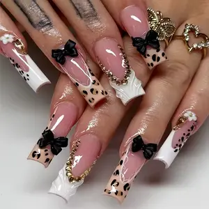 Long Leapord Print French Tip/Black Bow Design- Luxury Nail Set