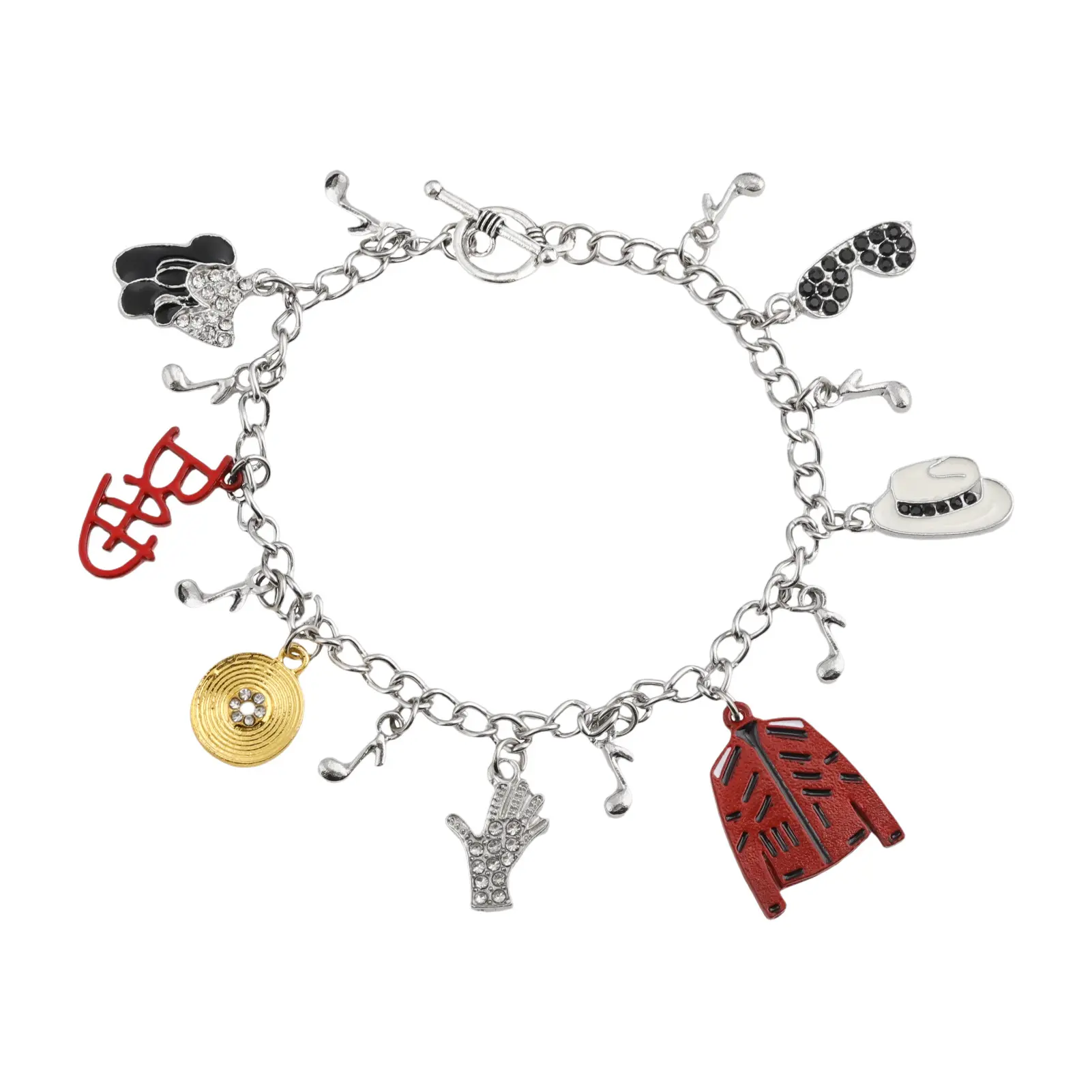 2PCS Music Inspired Michael Jackson Charm Bracelet,Collectible Link Chain Friendship Jewelry for Daily Wear, King of Pop MJ Inspired Fan Gift with Hat & Glove Charms, Michael Jackson, Metal Coating, Double Set, Unisex, Birthday, Celebrities