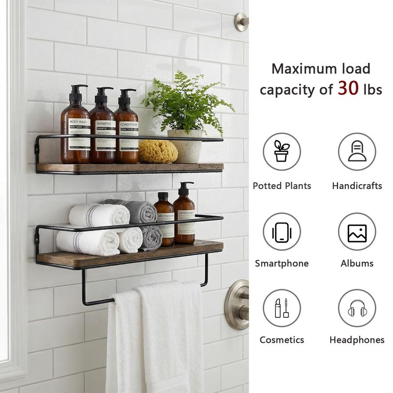 Spaco 15.7'' Floating Shelves - Set of 2, Wall Mounted Hanging Shelves with Black Towel Rack, Decorative Storage Shelves for Bathroom, Kitchen, Living Room & Bedroom
