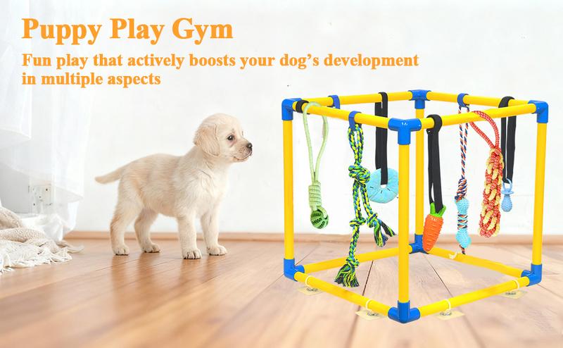 Puppy Play Gym with 8 Hanging Toys for Teething &Chewing, Interactive Activity Center for Small Dogs to Relieve Boredom & Anxiety, Indoor Enrichment Toys to Keep Them Busy