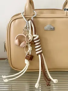 Milk Coffee Color Contrast Woven Rope Bag Pendant Mini Earphone Charm Set, Bag Charm Keychain, Vintage College Style Versatile Accessory, Can Be Hung On Bags Or Keys, Suitable For Students And Office Workers For Daily Outfits