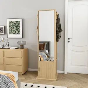 Must-have multifunctional cabinet!built-in makeup mirror,360° swivel design, integrated full-length mirror, jewelry organizer and coat rack in one.Equipped with 4 open shelves and 2 built-in shelves