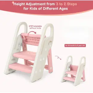 Foldable Toddler Step Stool for Bathroom Sink, Adjustable 3 Step Stool for Kids Toilet Potty Training Stool with Handles, Child Kitchen Counter Stool Helper, Plastic Ladder for Toddlers Pink
