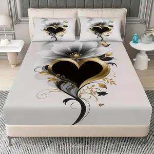Three pieces with simple black and gold love heart patterns Printed Bed Sheet Set (1 Fitted + 2 Pillowcases), Ideal for Bedroom or Guest Room