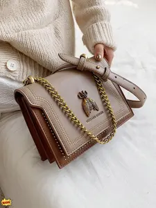 Retro Bee Square Crossbody Bag for Women Metal Bee Decoration Chain Strap Elegant Sling Bag Minimalist Sewing Design Fashion Daily Shoulder Bag