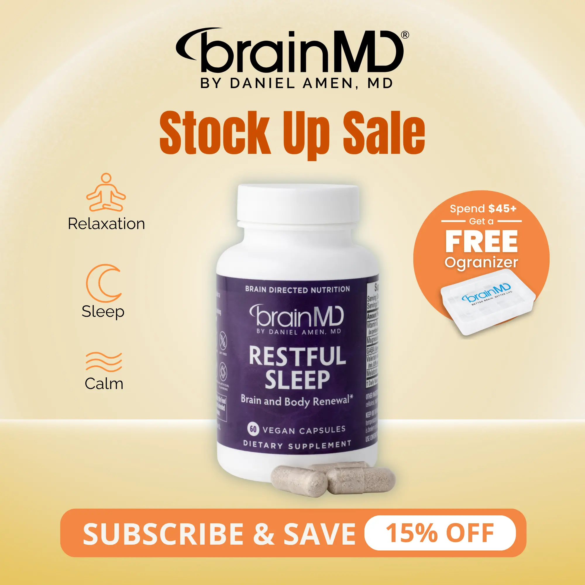 Restful Sleep | BrainMD | 60 Capsules | Sleep Support with Melatonin | Relaxation & Calm | GABA, Valerian & Vitamin B6
