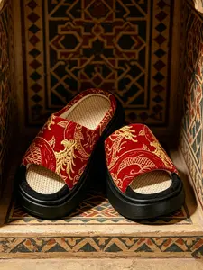 New Traditional Sole Gold Dragon Embroidered Home Slippers, Velvet Texture Linen Breathable Thick Soft Bottom, National Style Cool Sandals