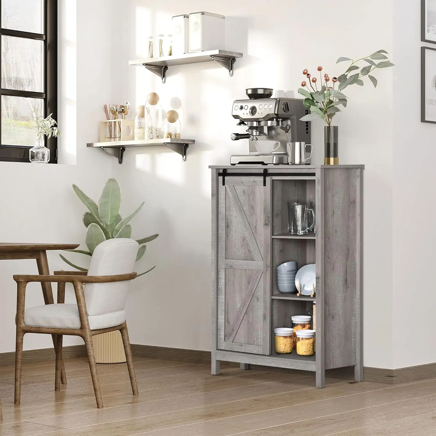 Farmhouse Accent Cabinet, Kitchen Cupboard Storage Cabinet with Barn Door and Adjustable Shelf, Grey Oak