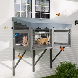 Window Box Enclosure for Indoor Cats, Cat Catio, Wooden Window Perch House, Expandable for Multi Kittens, Secure Comfortable Outdoor Haven for Pets