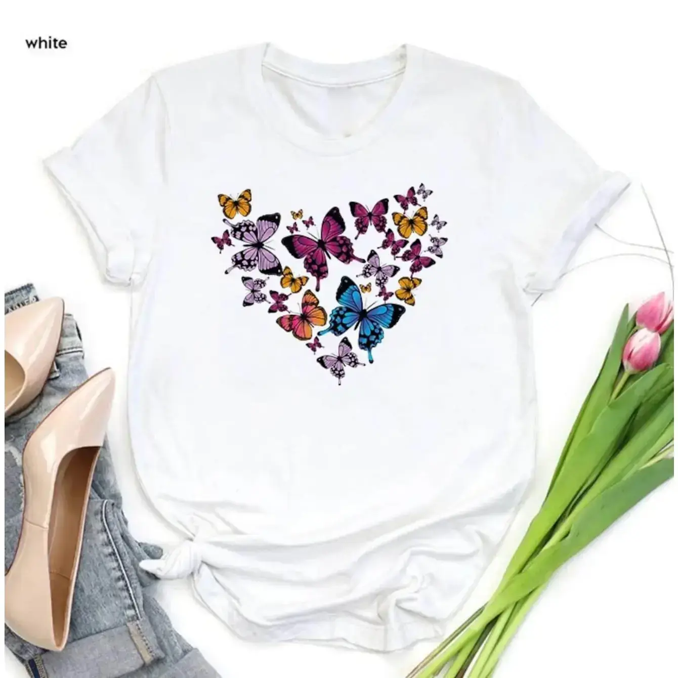 Women's Butterfly Heart Graphic Short-Sleeve Round Neck Regular Fit Cotton Tops - Casual Clothes, Soft Breathable Fabric, Durable Print, Everyday Comfort, Machine Washable, Flat Lay Style Fashion Womenswear
