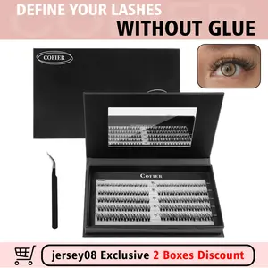 [jersey08 Live Exclusive]COFIER Glue-Free DIY Lash Kit Jelly 80/100 Pcs Coated Base Self-Adhesive Individual Lashes with Tweezers FDA Qualified Reusable for Beginners Friendly Makeup