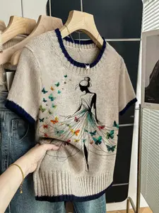 Cartoon Butterfly Graphic Print Round Neck Sweater, Short Sleeve Knit Top for Spring Summer and Autumn, Cozy Casual Fitted Women's Wear with Contrasting Trim Detail