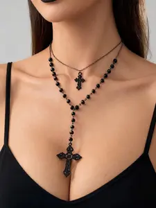 Hollow Pattern Double Cross Pendant Necklace, Punk Vintage Alloy Beaded Chain, Faux Crystal Dark Beads, Gothic Style Jewelry