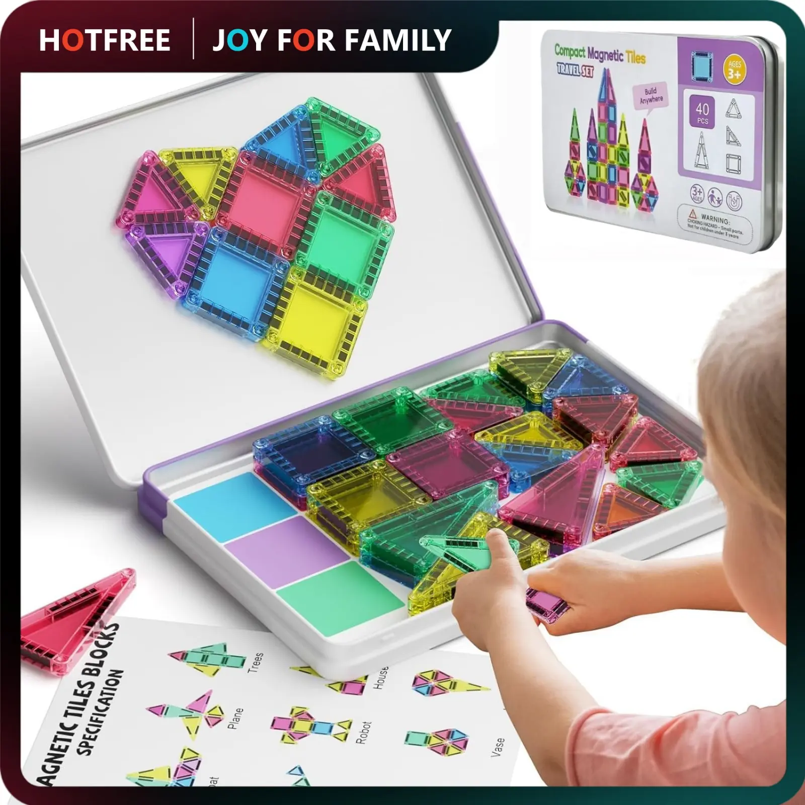 Hotfree Mini Magnetic Tiles Building Blocks 40PCS - Montessori Educational Magnet Travel Construction Set with Iron Storage Box, Airplane Activities Toys, Toddler Birthday Gift for Boys & Girls Ages 3-8