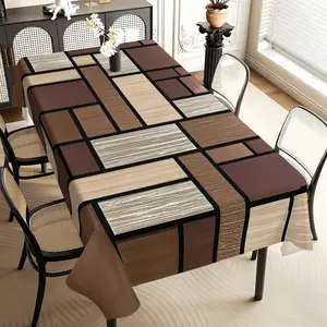 1-inch large rectangular tablecloth, Washable table cover, Modern minimalist square pattern, brown and beige, polyester fiber material, machine washable, durable, suitable for restaurants, offices, kitchens, picnics, home decoration