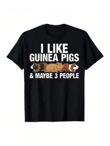 I love guinea pigs & maybe 3 people print T-shirt | Black short-sleeved casual everyday shirt, suitable for animal lovers, unisex, perfect for spring and autumn, printed design, opaque medium stretch fabric, crew neck, regular fit.